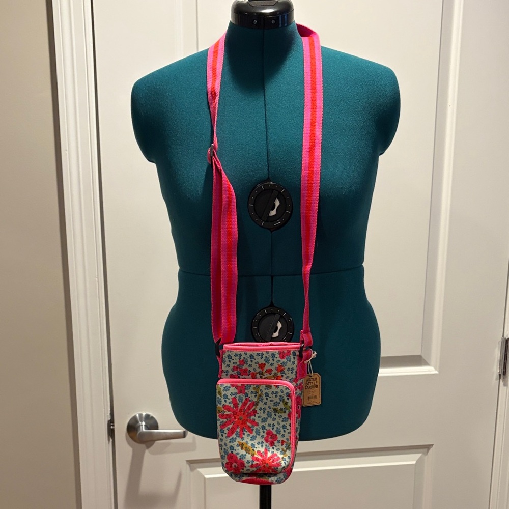 Floral Crossbody water bottle carrier Bag with Pink Strap
